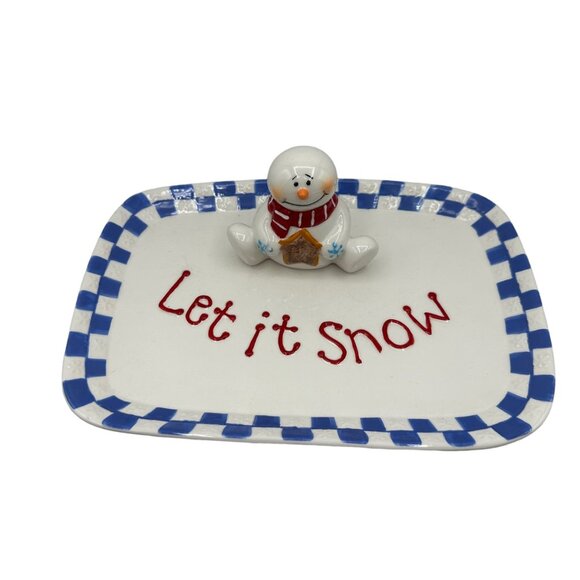 Christmas Snowman Serving Dish Plate Ceramic Pottery Let It Snow Blue White - Picture 1 of 11